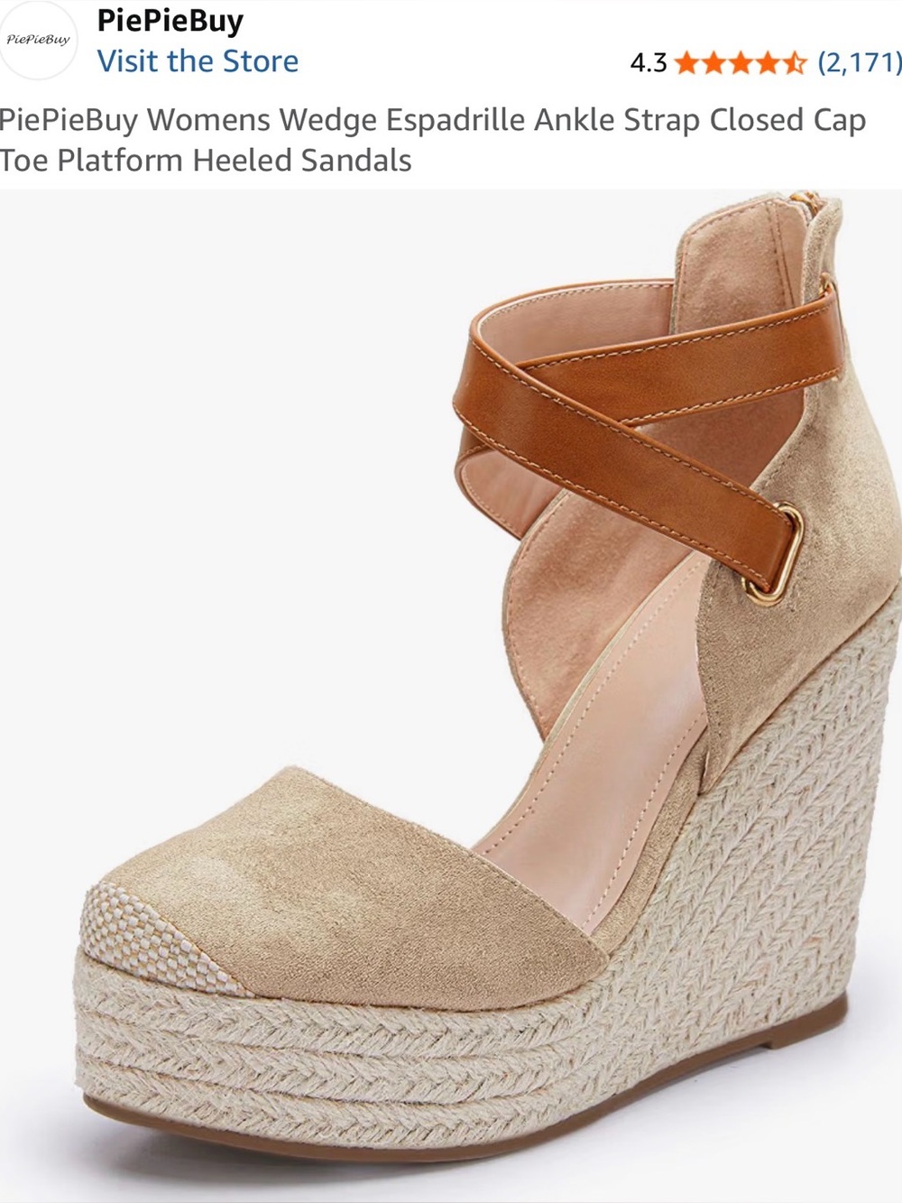 Amazon Beige Suede-Look Wedge Espadrille Sandals with Tan Ankle Straps